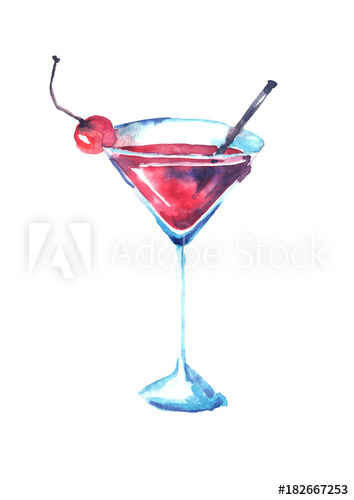 354x500 watercolor drawing cocktail with a cherry martini, champagne - Margarita Glass Drawing