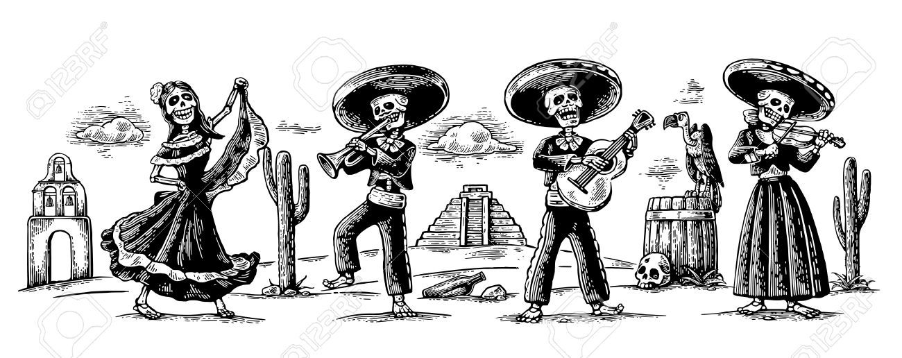 1300x516 Image Result For Dia De Los Muertos Mariachi Band Muertos - Mariachi Band Drawing