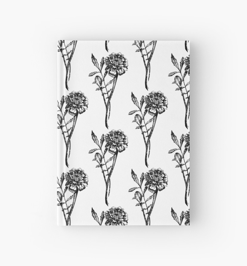 827x889 black and white marigold flower drawing hardcover journals - Marigold Flower Drawing