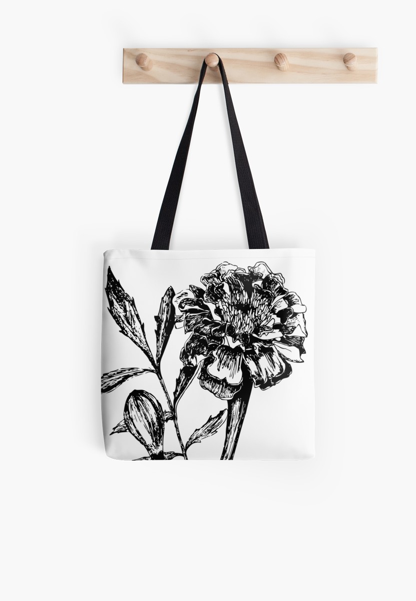 831x1200 black and white marigold flower drawing tote bags - Marigold Flower Drawing