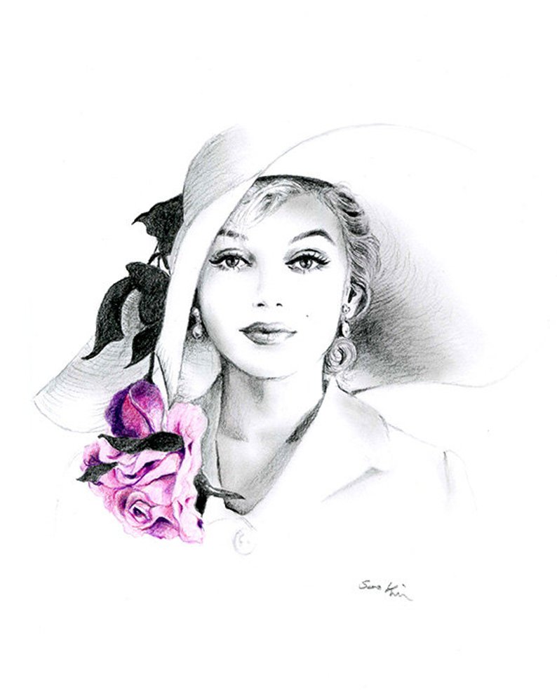 794x993 Pencil Drawing Black And White Marilyn Monroe With Hat And Etsy - Marilyn Monroe Drawing Black And White