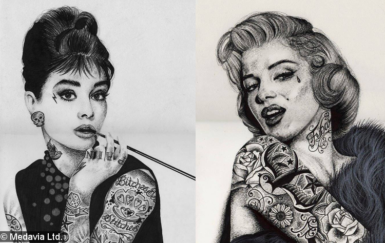 750x474 Tattooed Celebrity Portraits Medavia - Marilyn Monroe Drawing With Tattoos