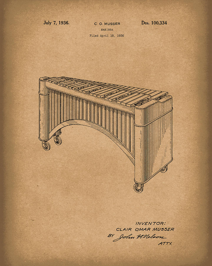 720x900 Marimba Patent Art Brown Drawing - Marimba Drawing
