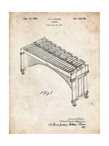 366x488 Vintage Parchment Musser Marimba Patent Poster Giclee Print - Marimba Drawing