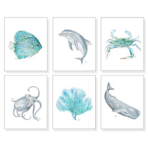 500x500 blue coastal ocean and tropical art prints set - Marine Animals Drawing