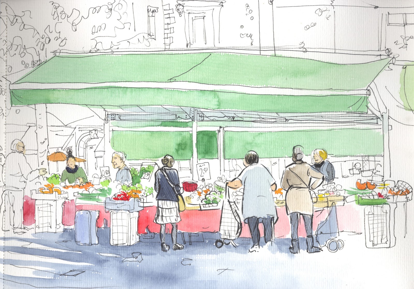 How To Draw A Market Scenery / Memory Drawing of Vegetable Market