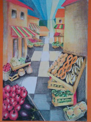 375x500 The Fruit Market Drawing - Market Drawing
