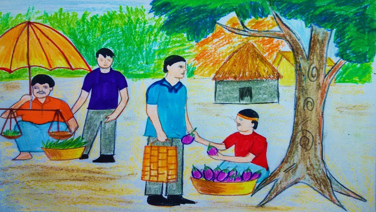 1280x720 How To Draw Scenery Of Village Market Toma's Drawing - Marketplace Drawing