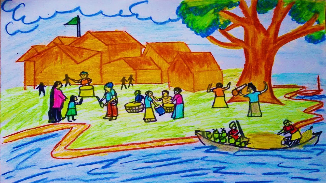 1280x720 How To Draw A Scenery Of Village Market Step - Marketplace Drawing