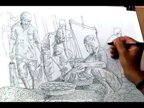 480x360 Drawing Fish Market With Ballpoint Pen Pen Drawing - Marketplace Drawing