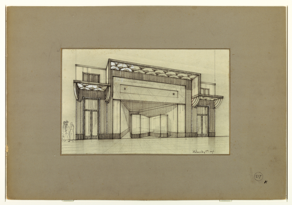 1024x719 drawing, design for a storefront with art deco style marquee, ca - Marquee Drawing