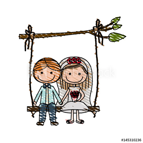 500x500 Color Pencil Drawing Of Caricature Married Couple Sit In Swing - Marriage Couple Drawing