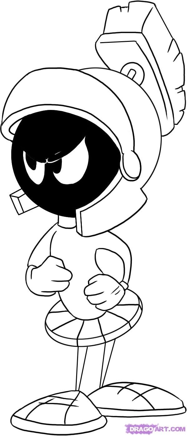 599x1396 How To Draw Marvin The Martian Step Kids Cartoons In Black - Martian Drawing