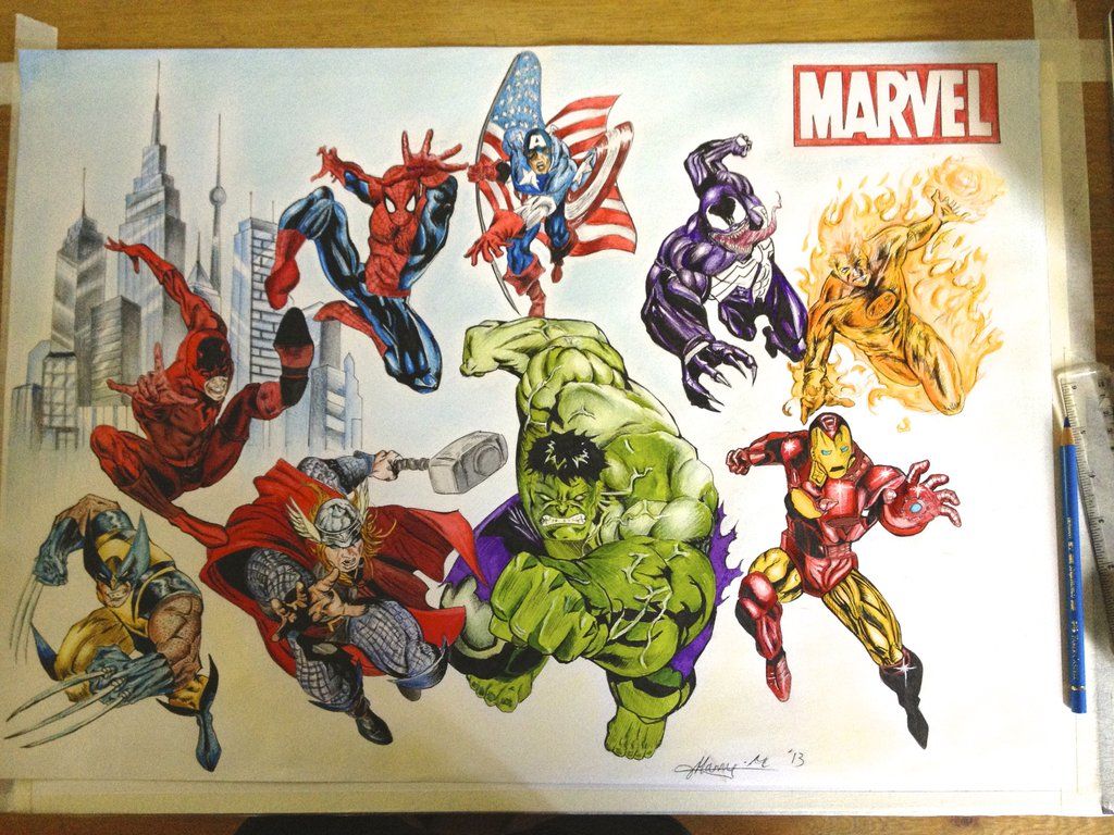 1024x768 all marvel characters drawings marvel characters drawing - Marvel Heroes Drawing