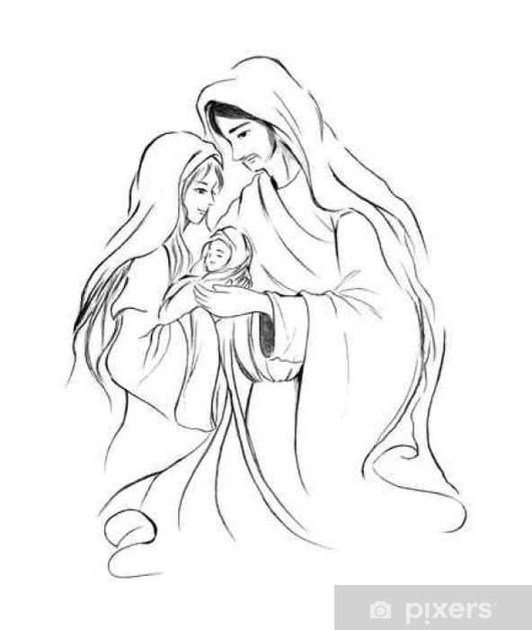 592x700 Baby Jesus Mary And Joseph In Abstract Line Art Drawing On White - Mary And Jesus Drawing