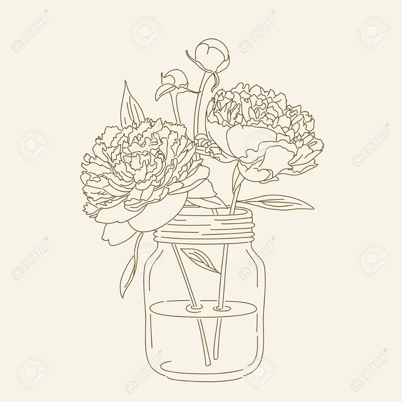1300x1300 hand drawn peonies in mason jar illustration coloring - Mason Jar Line Drawing