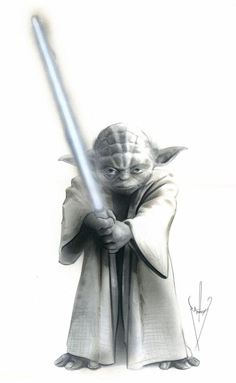 794x1286 Master Yoda Star Wars Pencil Airbrush Drawing X Etsy - Master Yoda Drawing