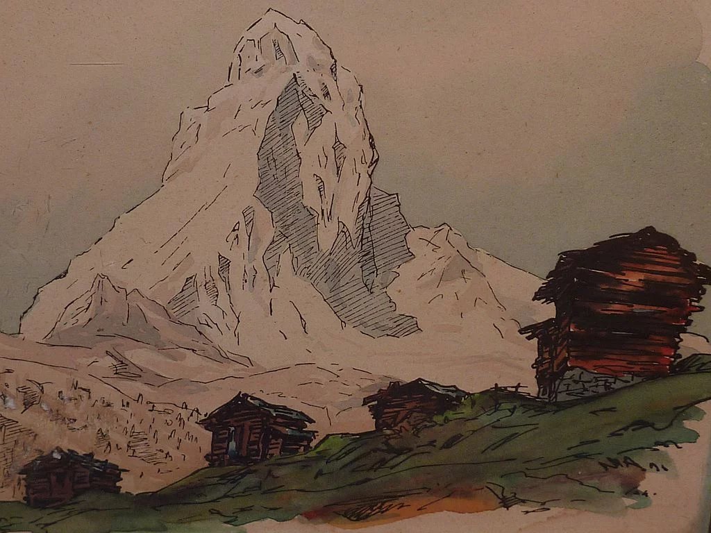1024x768 Original Ink And Watercolor Drawing Of The Matterhorn - Matterhorn Drawing