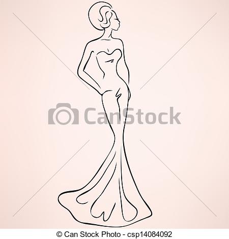 450x470 Fashion Sketch Of Woman In Evening Maxi Dress - Maxi Dress Drawing