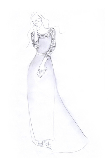 417x607 Women's Retro Floral Lace Vintage Sleeve Slim Ruched Wedding - Maxi Dress Drawing