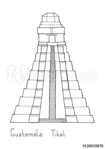 354x500 Hand Drawn Architecture Sketch Illustration Of Guatemala Tikal - Mayan Pyramid Drawing