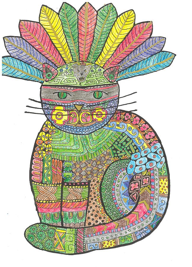 649x900 Patchwork Cat V Mayan Warrior Cat Drawing - Mayan Warrior Drawing