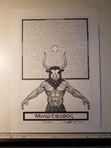 225x300 unframed size drawing of minotaur with a maze - Maze Drawing