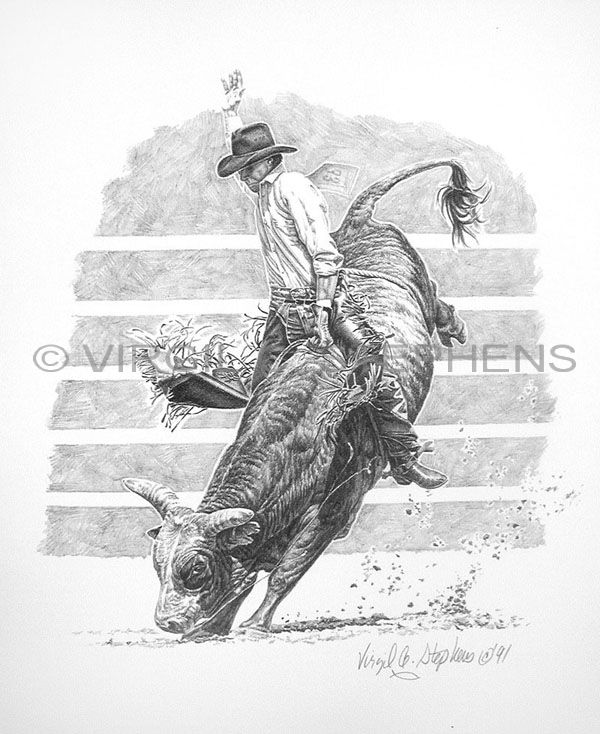 600x734 Bull Riding Rodeo Cowboy Pencil Drawing - Mean Bull Drawing
