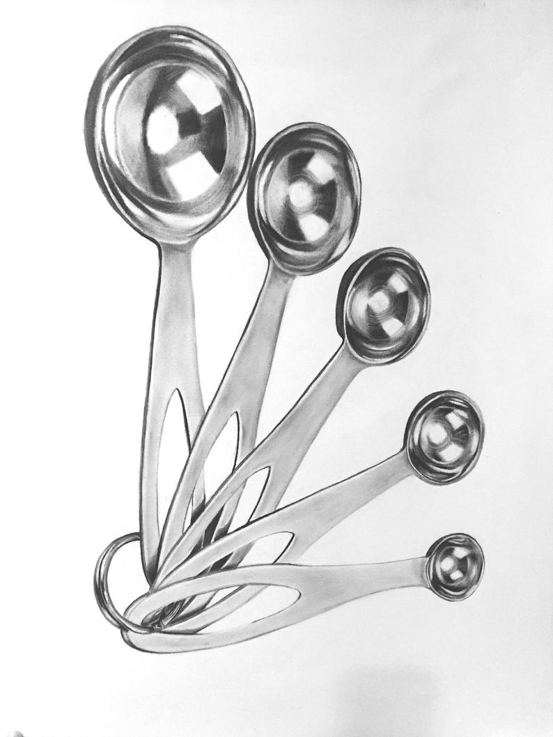 794x1059 measuring spoons charcoal drawing print or original kitchen etsy - Measuring Spoon Drawing