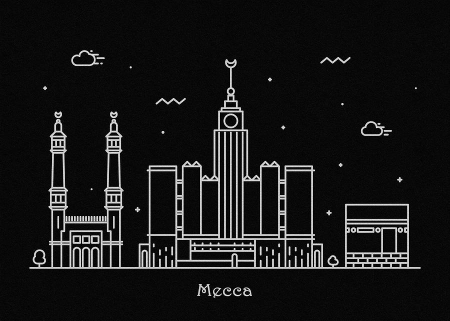 900x642 mecca skyline travel poster drawing - Mecca Drawing
