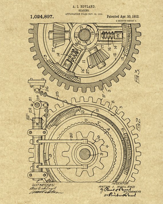 570x713 gears patent print, industrial art, mechanical engineer, engineer - Mechanical Gears Drawing