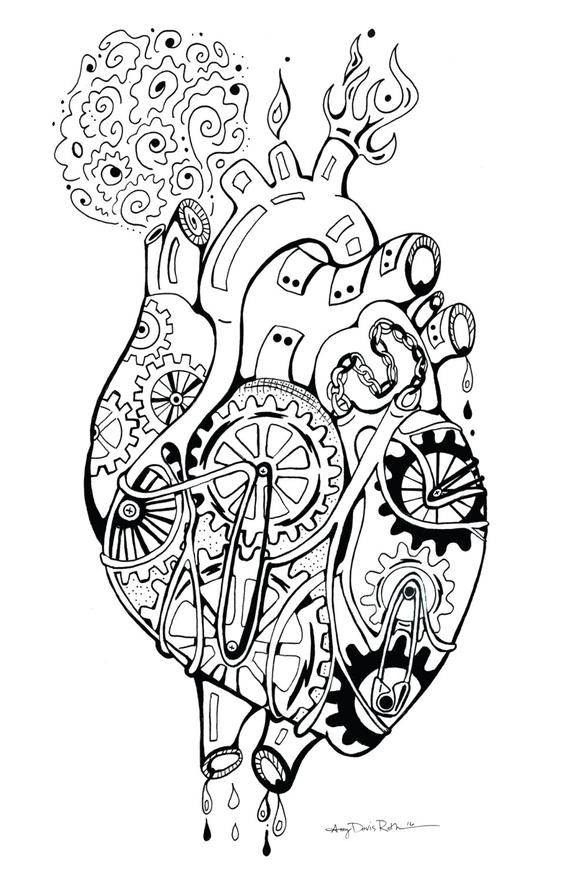 570x881 Mechanical Heart Coloring Art Print Robot Poster Art For Etsy - Mechanical Heart Drawing