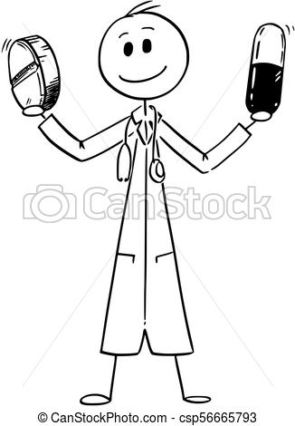326x470 cartoon of medicine doctor holding two pills cartoon stick man - Medicine Drawing