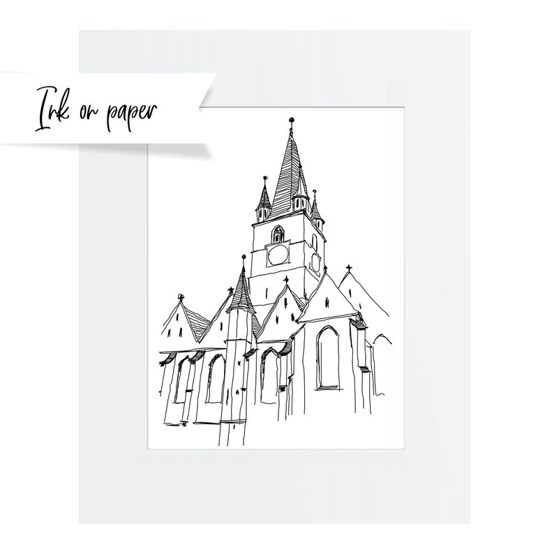 794x794 Original Drawing Ink On Paper Medieval Evangelical Church Etsy - Medieval Church Drawing