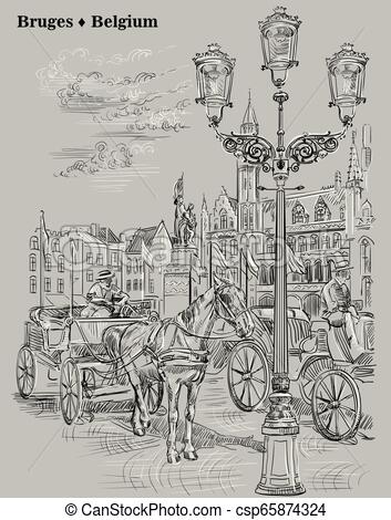 353x470 grey vector hand drawing holland view on grote markt square - Medieval City Drawing