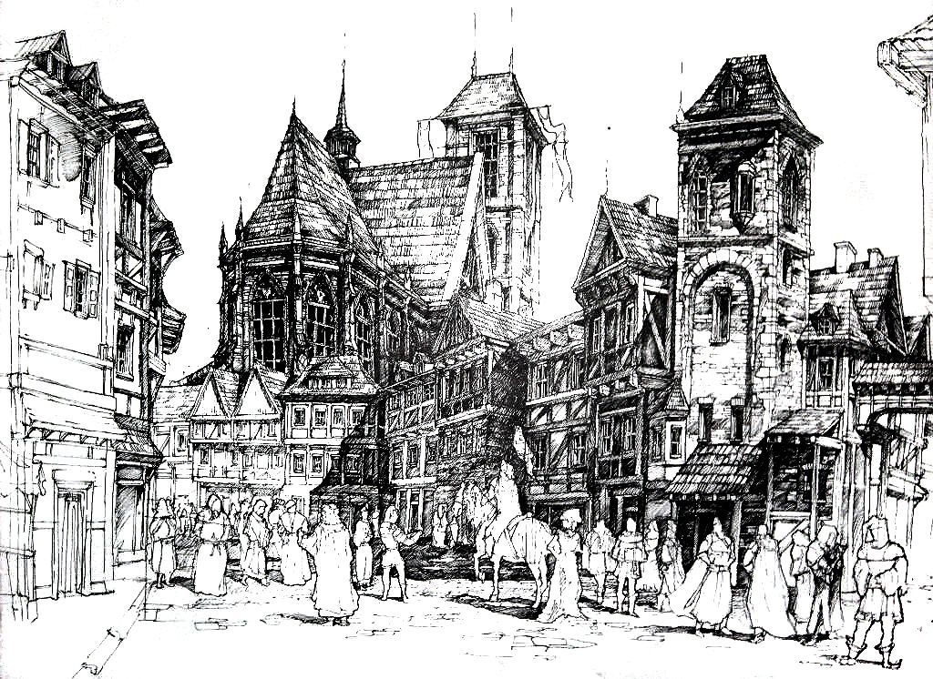 1024x746 Architecture, Medieval City, Ink Drawing, Pen Drawing, Gothic - Medieval City Drawing