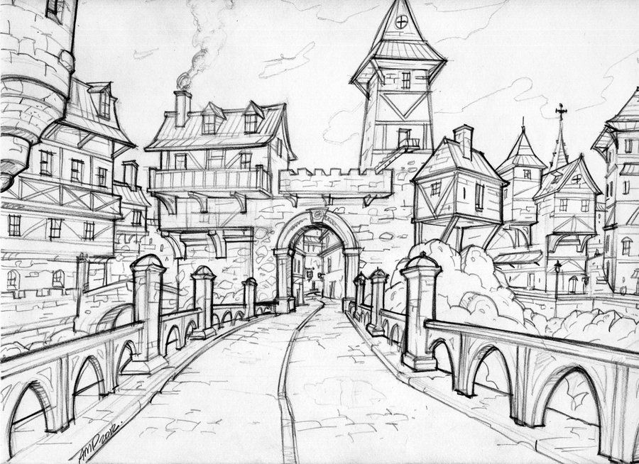 900x654 Medieval City Entrance - Medieval City Drawing