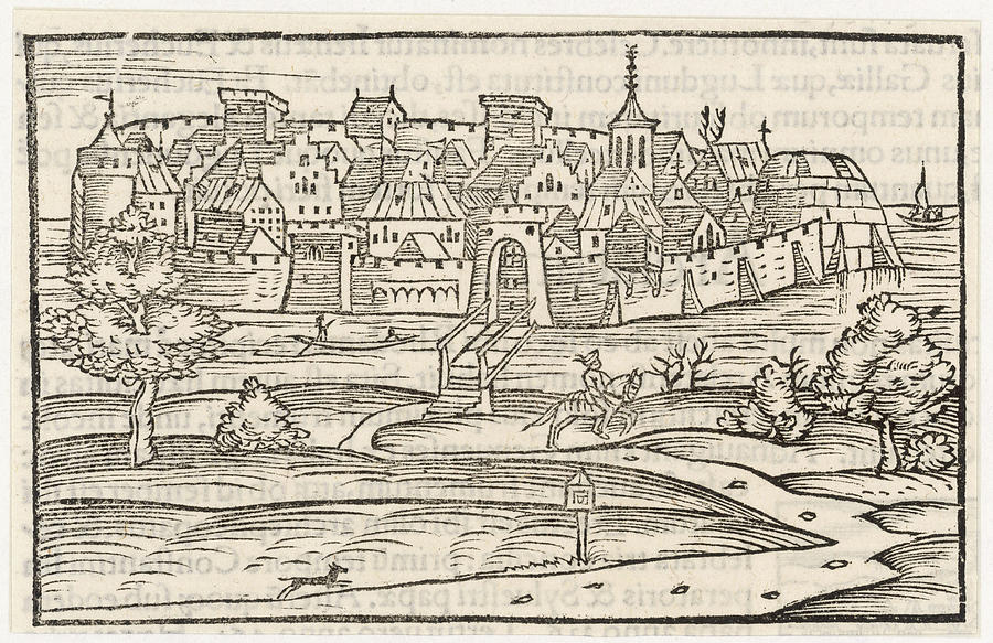 900x583 A Medieval Walled City, With Moat Drawing - Medieval City Drawing