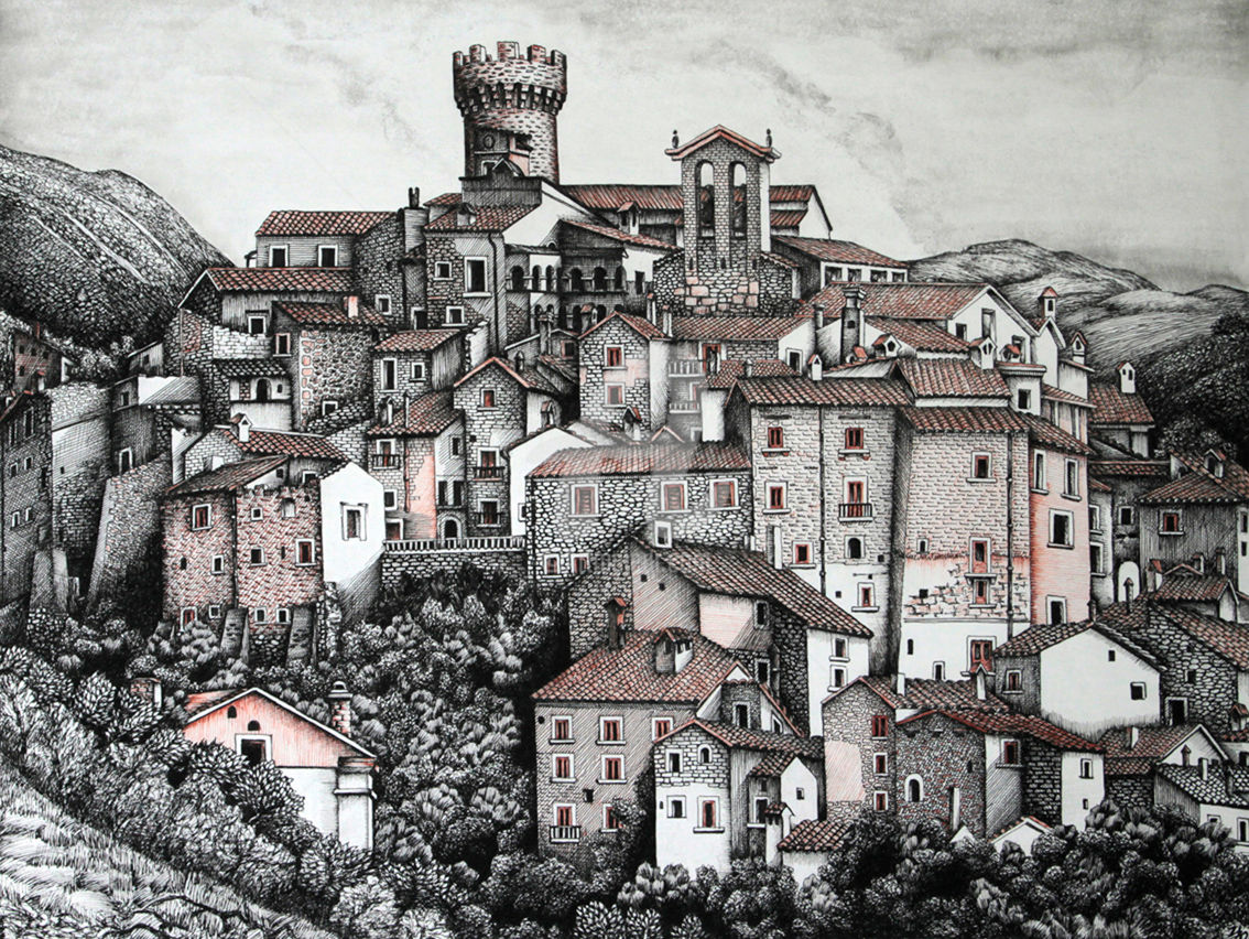 1134x852 Abruzzo Painting - Medieval City Drawing