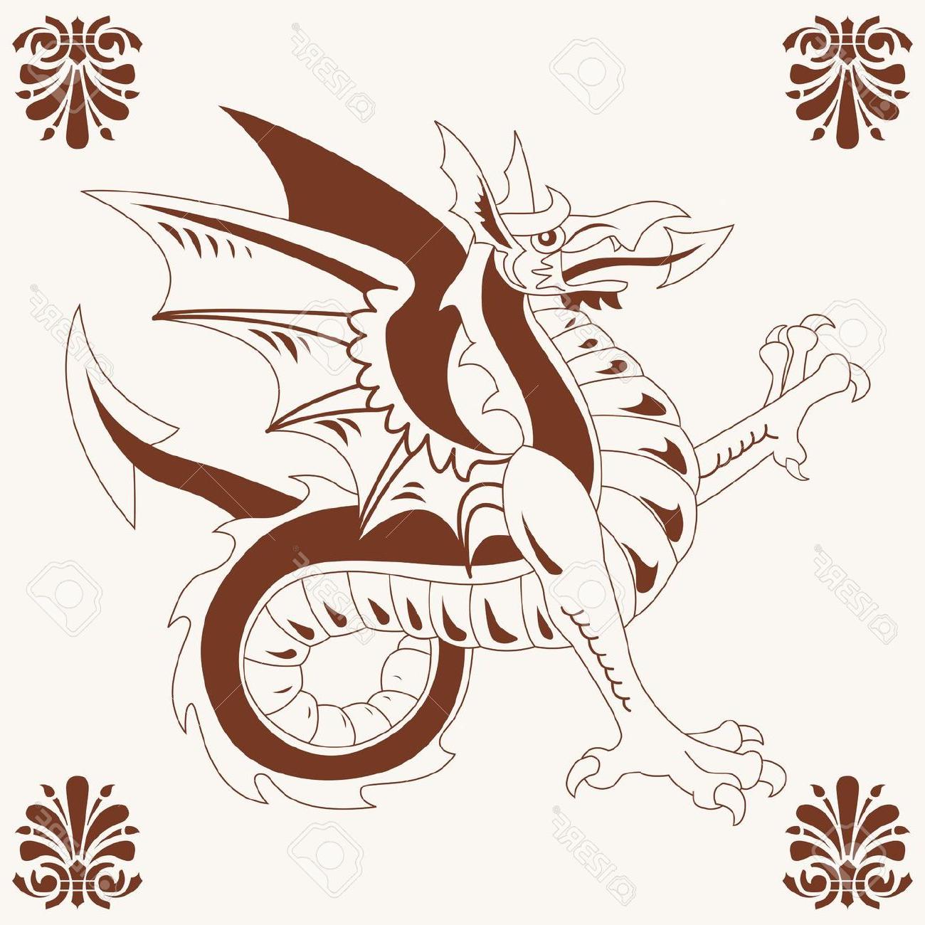 1300x1300 Unique Vector Of Vintage Medieval Dragon Wyvern Drawing Stock - Medieval Dragon Drawing