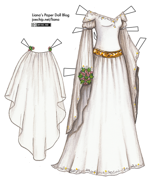 506x618 white medieval wedding gown with long sleeves and gold and silver - Medieval Dress Drawing