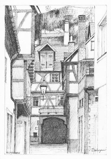 375x539 Germany, Medieval Miltenberg, Half Timbered Houses Drawing - Medieval House Drawing