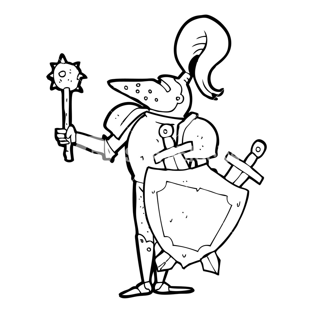 1000x1000 Freehand Drawn Black And White Cartoon Medieval Knight With Shield - Medieval Shield Drawing