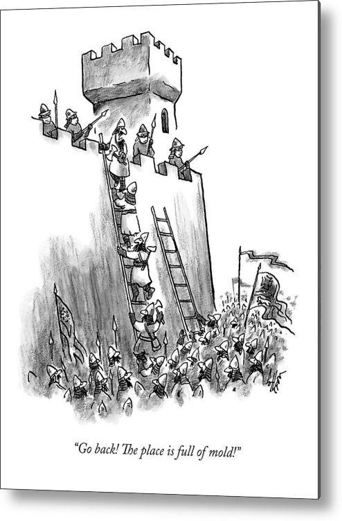 494x752 A Medieval Soldier Climbing A Ladder To The Top Metal Print - Medieval Soldier Drawing