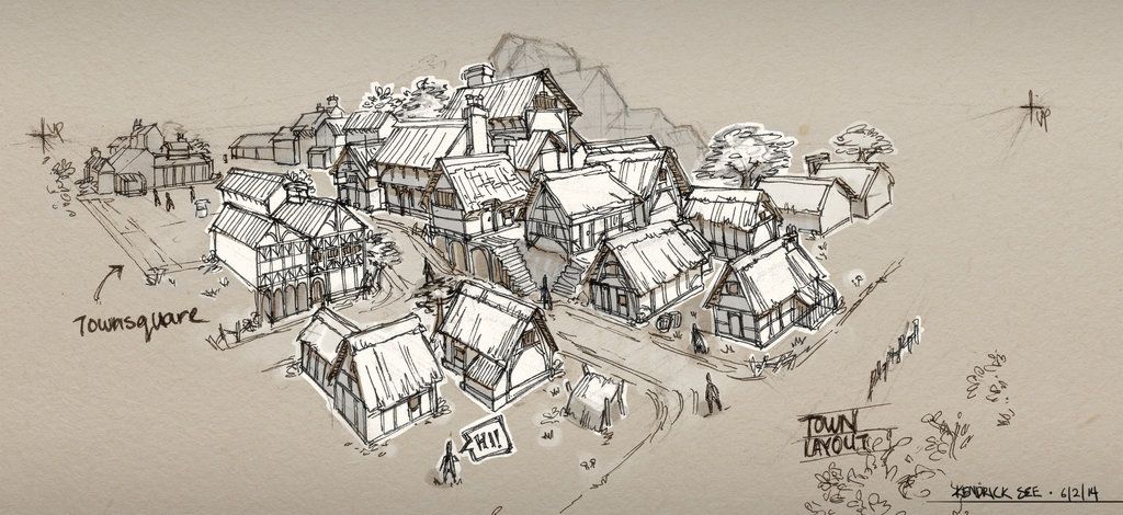1024x470 medieval town sketch - Medieval Town Drawing