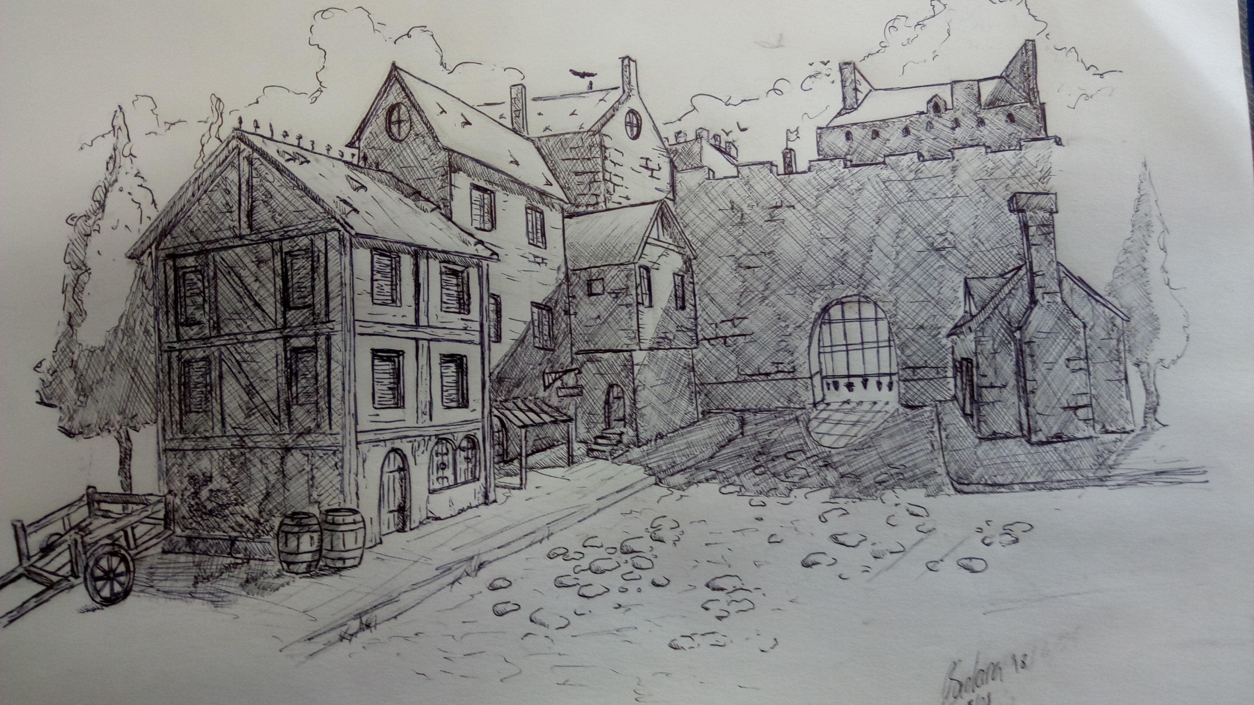 simple medieval town drawing