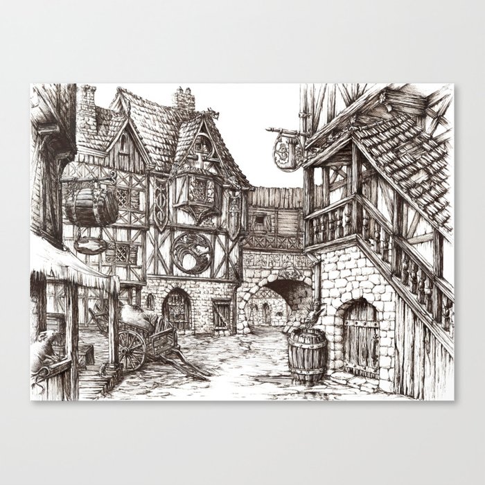 700x700 medieval town ink canvas print - Medieval Town Drawing