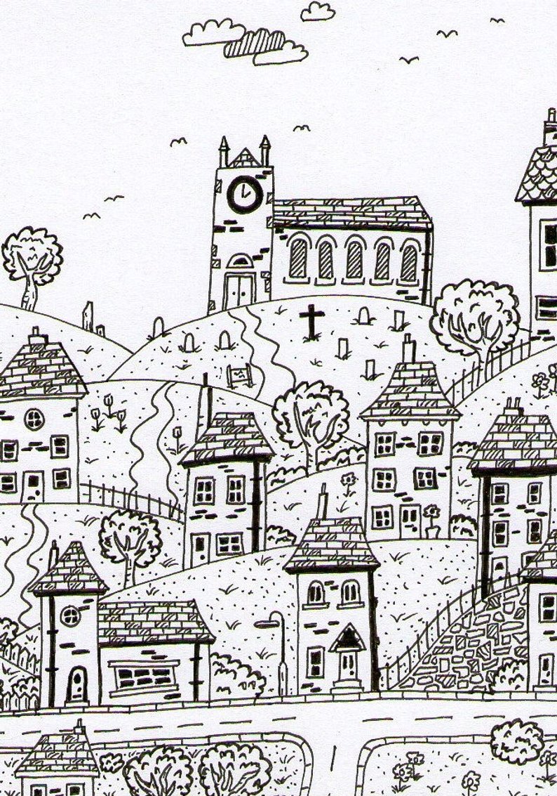 794x1133 black landscape medieval town to draw - Medieval Town Drawing