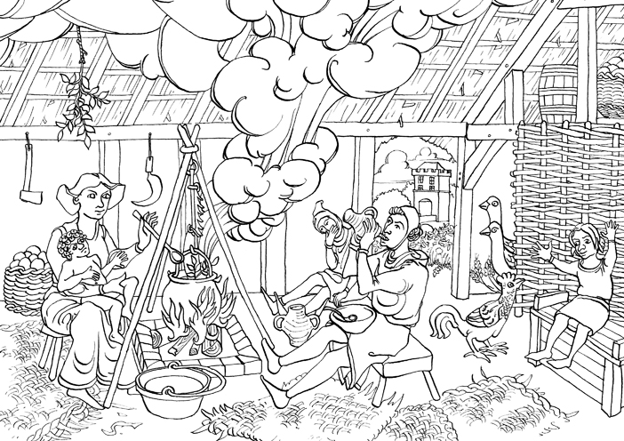 702x496 james cope illustration typical medieval village house - Medieval Village Drawing