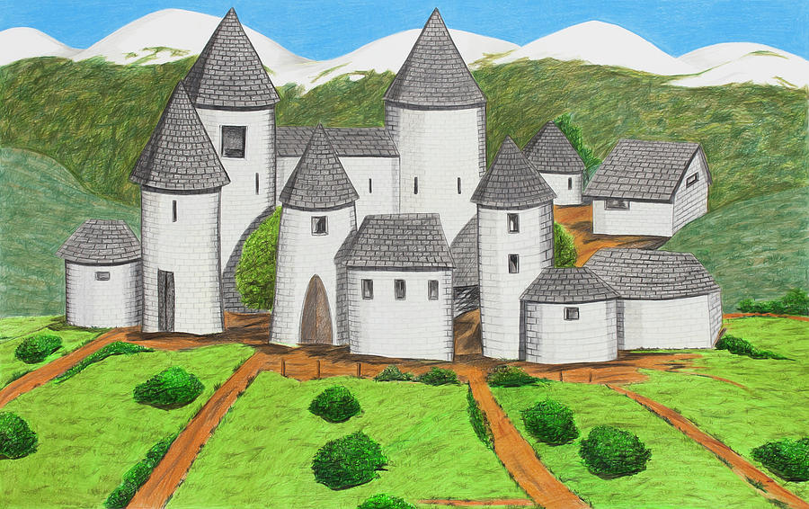 900x566 A Medieval Village Next To The Snowy Mountains Drawing - Medieval Village Drawing